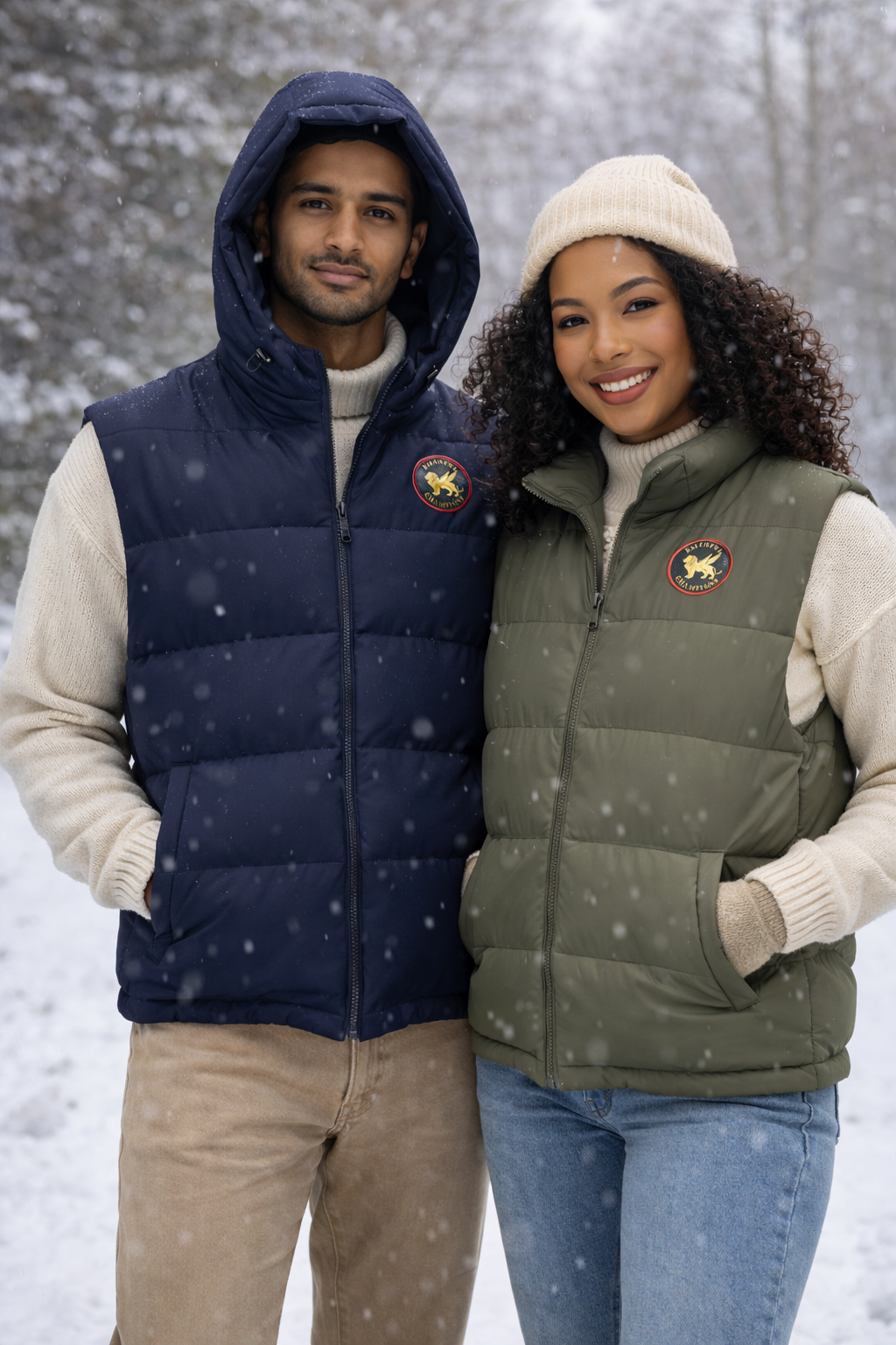 Two people wearing puffer vests in a snowy setting