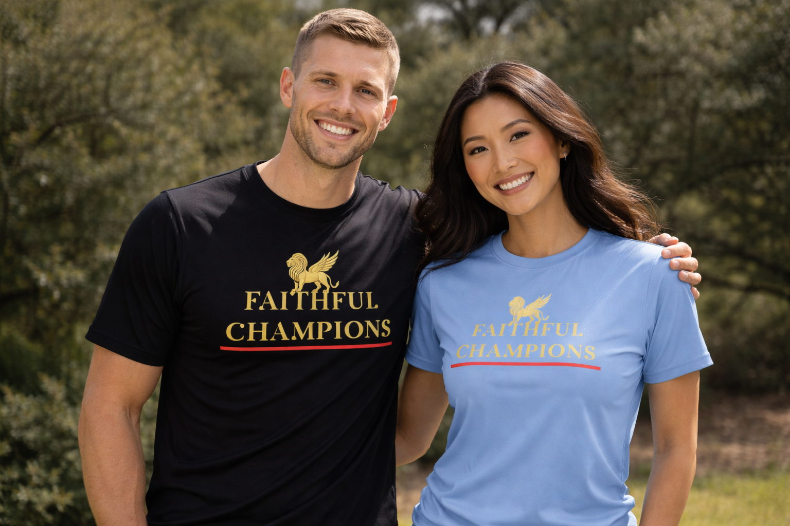 Man and woman wearing 'Faithful Champions' t-shirts outdoors.