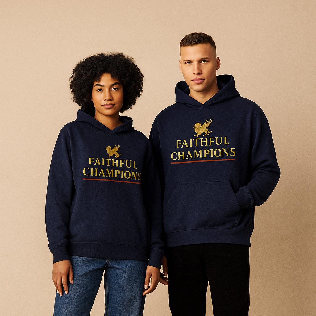 Two people wearing navy blue hoodies with 'Faithful Champions' text on a beige background
